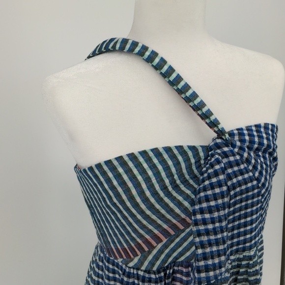 Maeve Anthropologie Waverly Gingham Plaid Blue Purple One Shoulder Dress Size 8 - Picture 7 of 15